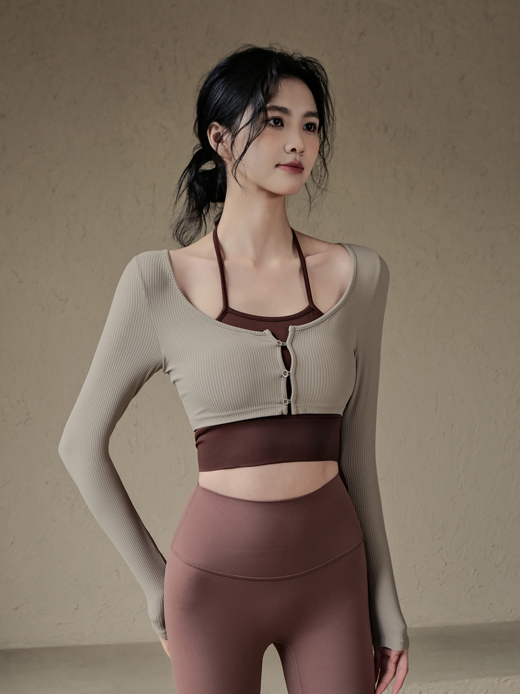 帶胸墊假兩件瑜伽長袖t恤