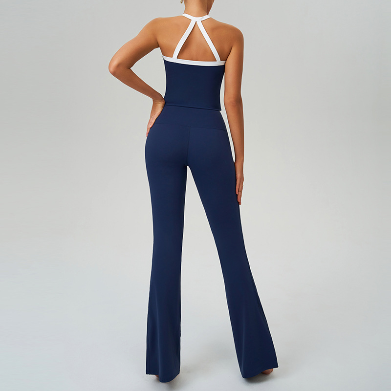 撞色高腰速幹跑步健身微喇褲