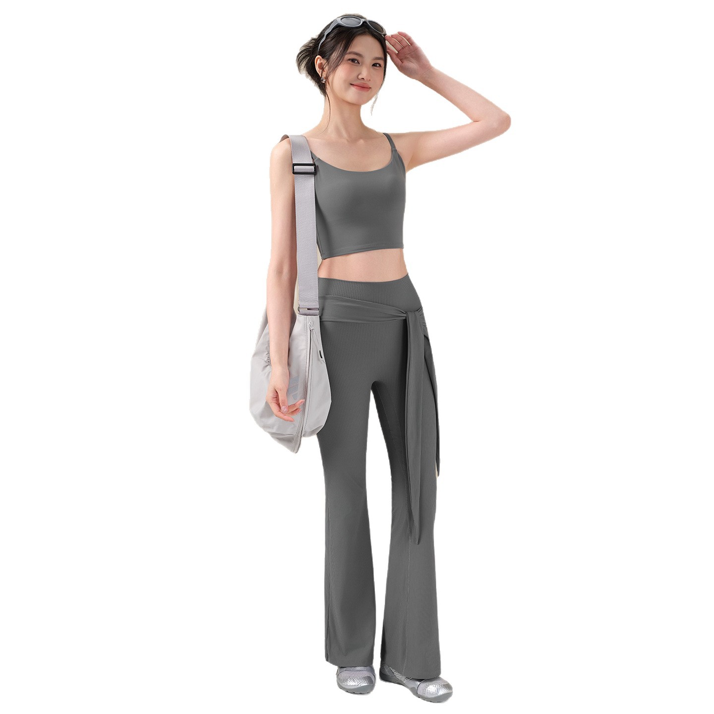 新款高彈螺紋微喇褲個性綁帶普拉提健身褲