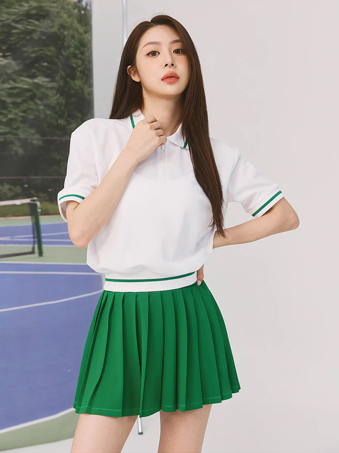 撞色螺紋短袖百褶裙休閒運動網球高爾夫套裝