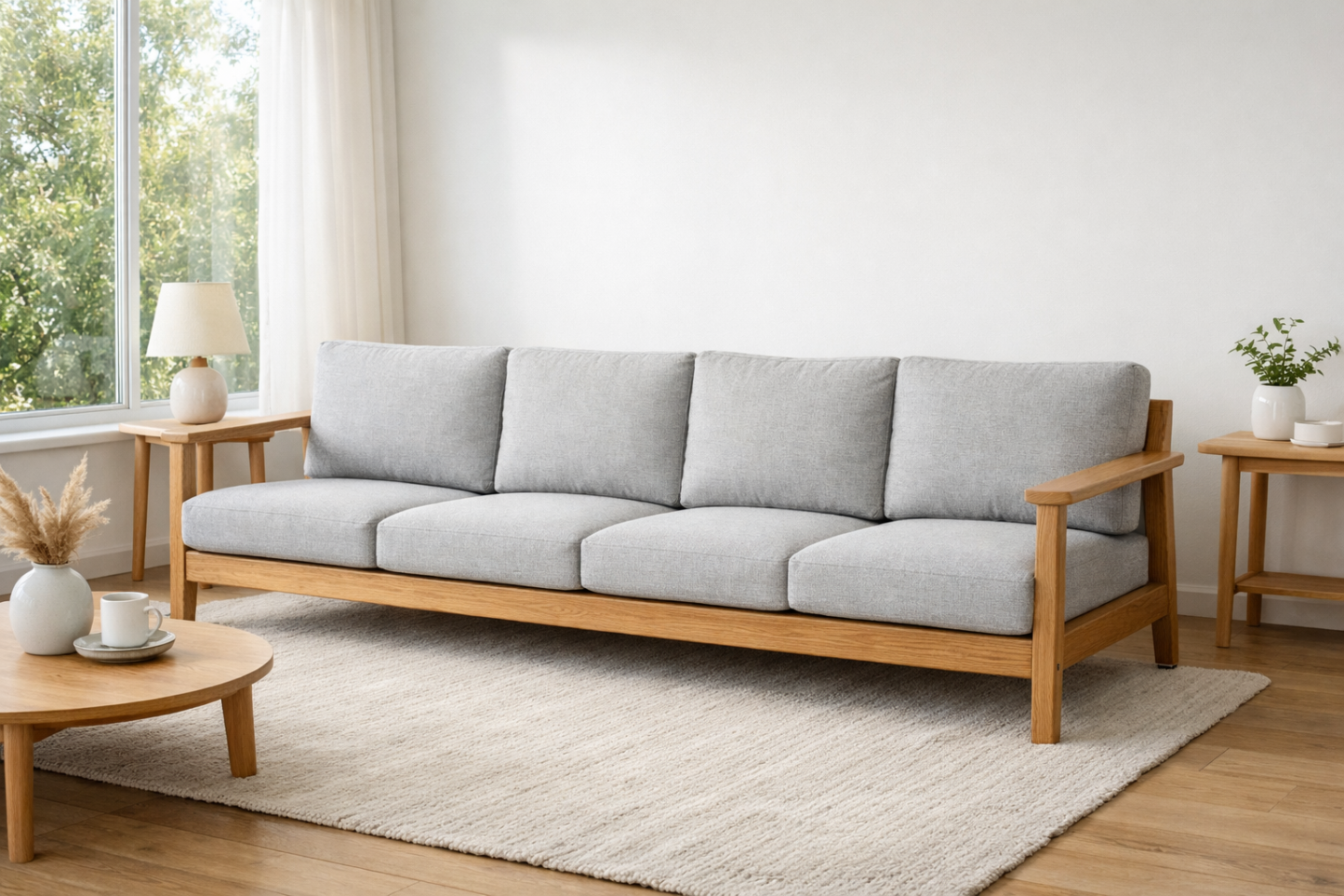 北欧原木四人位沙发｜宽敞坐感・自然系客厅主角
