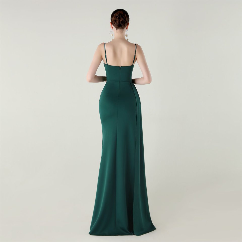 Spaghetti Pleated Waist Evening Gown (Green) (Made To Order)