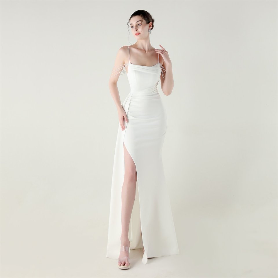 Crystal Beads Spaghetti Pleated Waist Evening Gown (White) (Make To Order)