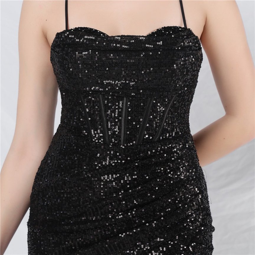 Sequins Back Cross with Overlap Slit Evening Gown (Black) (Made To Order)