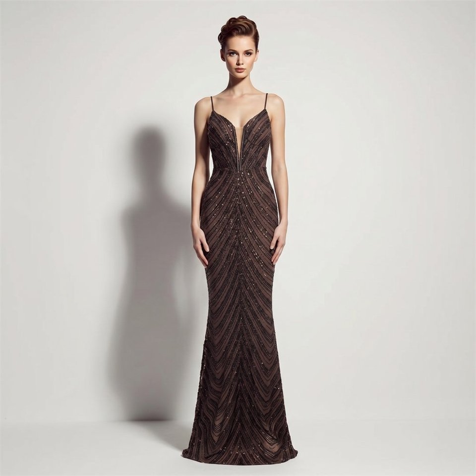 Deep V-Neck Sequin Evening Dress (Coffee) (Made To Order)