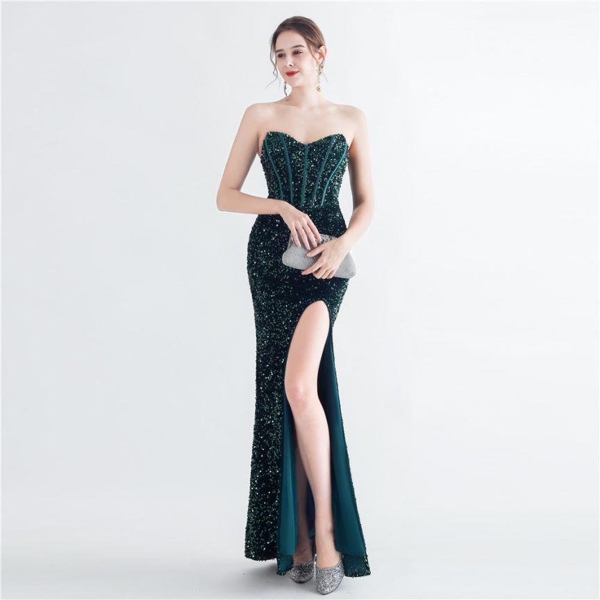 Strapless Corset Sequins with High Slit (Green) (Made To Order)