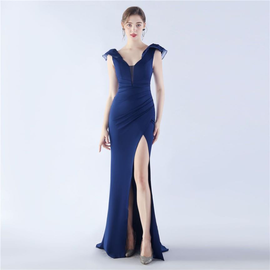 Ruffles Shoulder With Low Back Fitted Evening Gown (Navy Blue) (Made To Order)