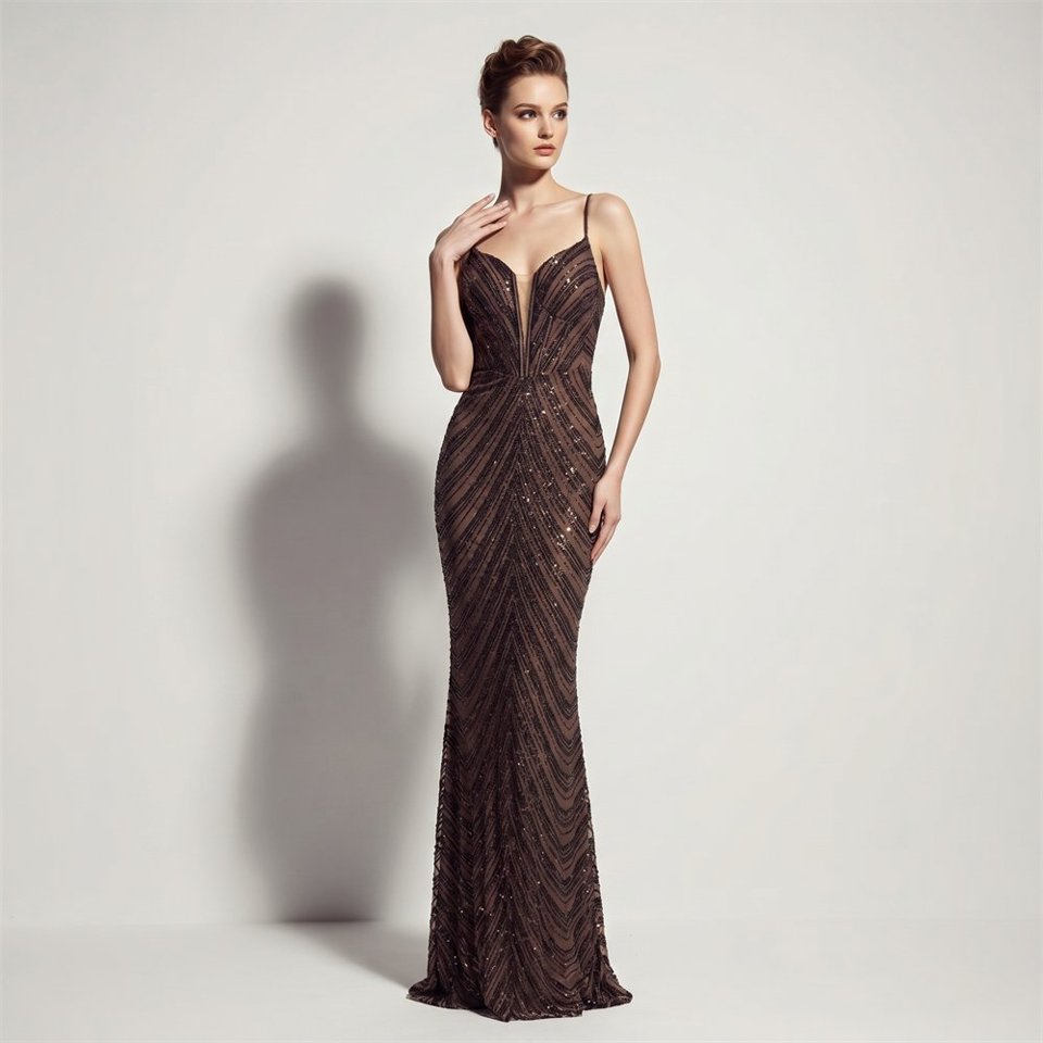 Deep V-Neck Sequin Evening Dress (Coffee) (Made To Order)