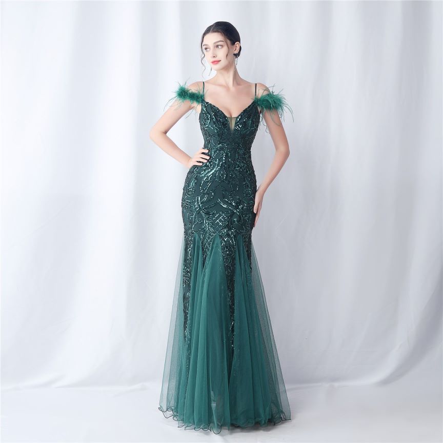 Cold Shoulder Feather Sequins Evening Gown (Green) (Made To Order)