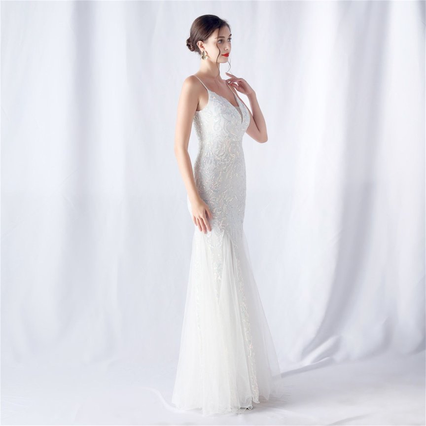 Image 5: Spaghetti Sequins White Gown with Tulle Skirt Evening Gown (Made To Order)