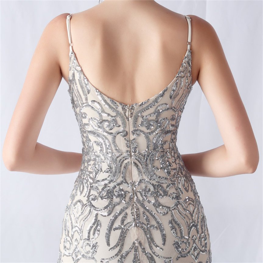 Spaghetti Sequins White Gown with Tulle Skirt Evening Gown (Black) (Silver)