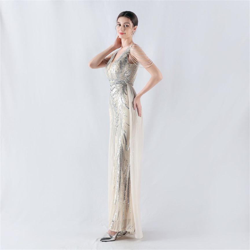 Elegant Crystal Beads Sequins Mermaid Cape Skirt Gown (Silver) (Made To Order)