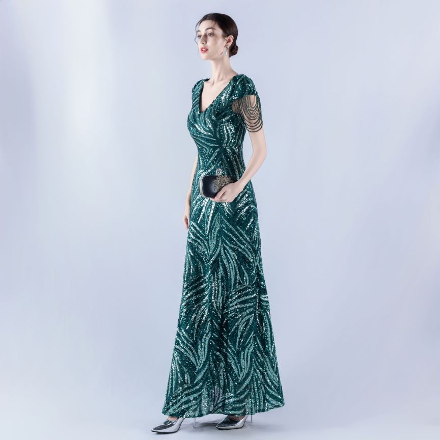 Sleeve Beads Sequins with A Line Evening Gown (Green) (Made To Order)