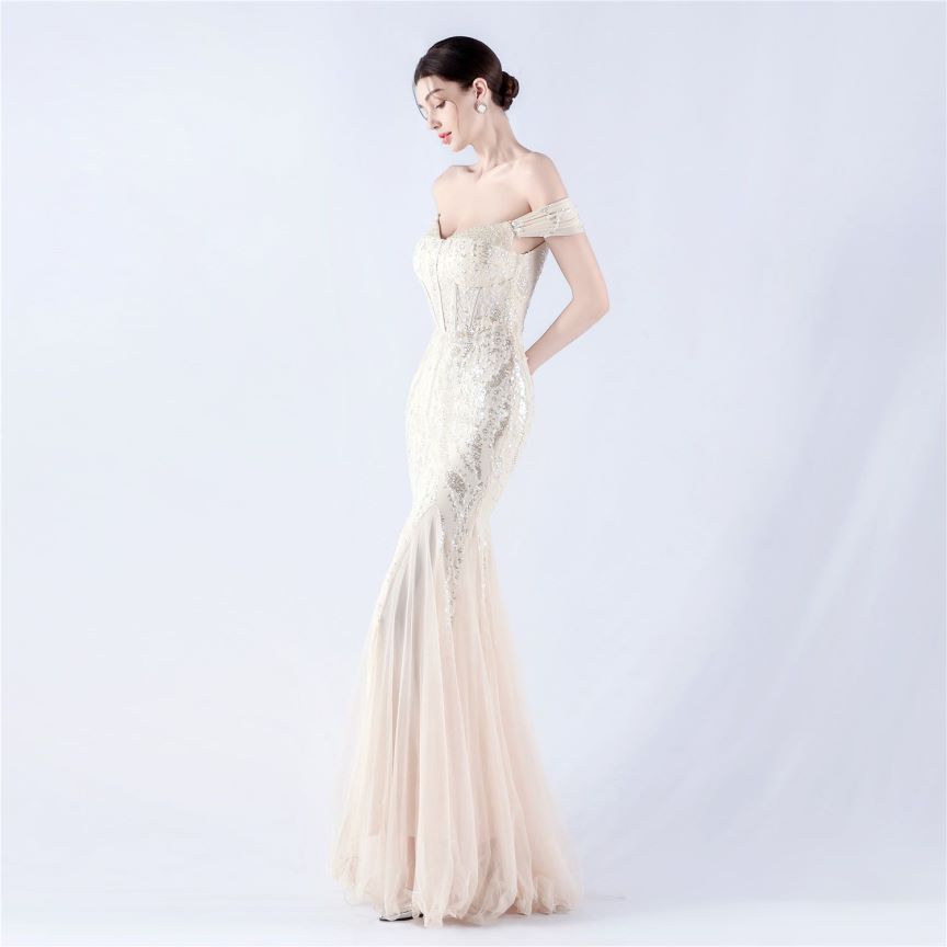 Off Shoulder Sequins Tulle Evening Gown (Silver) (Made To Order)