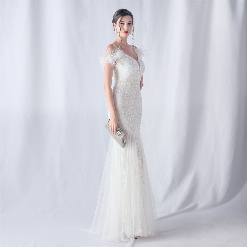 Cold Shoulder Feather Sequins Evening Gown (White) (Made To Order)