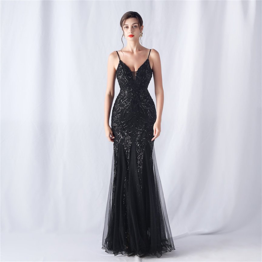 Spaghetti Sequins White Gown with Tulle Skirt Evening Gown (Black) (Made To Order)