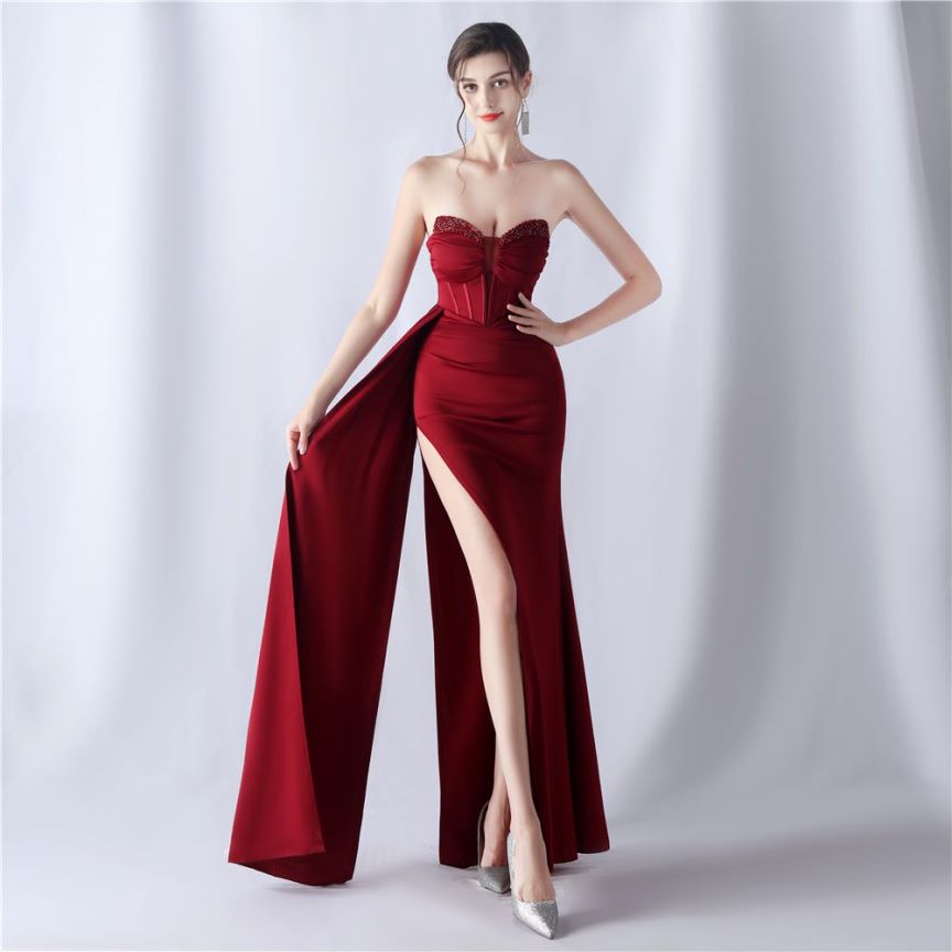 Strapless Sexy Corset With Side Split Evening Gown (Maroon) (Made To Order)