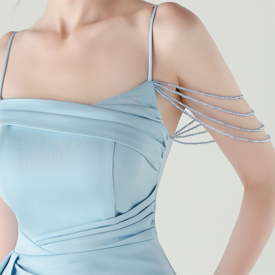 Crystal Beads Spaghetti Pleated Waist Evening Gown (Light Blue) (Retail)