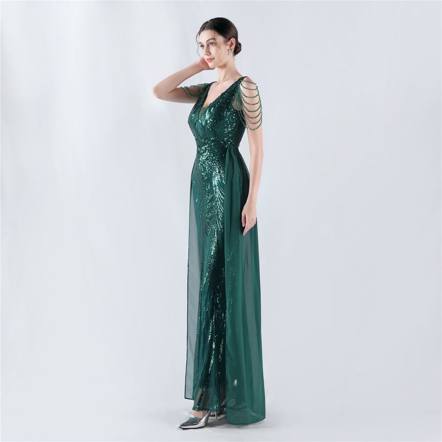 Elegant Crystal Beads Sequins Mermaid Cape Skirt Gown (Green) (Made To Order)