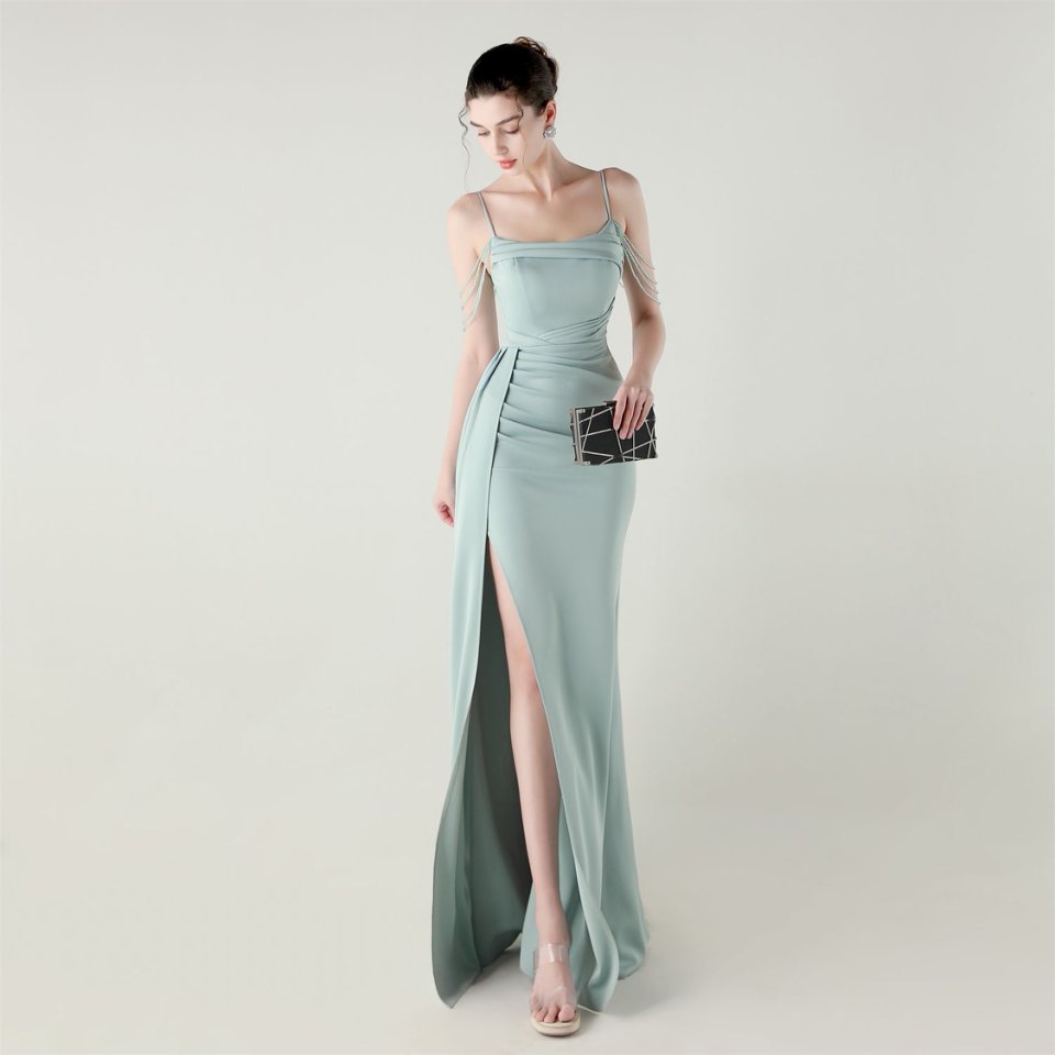 Crystal Beads Spaghetti Pleated Waist Evening Gown (Lake) (Make To Order)