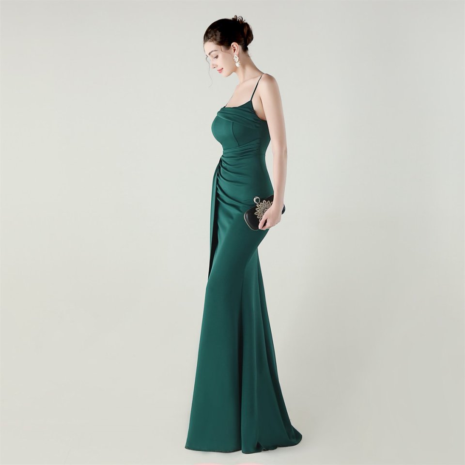 Spaghetti Pleated Waist Evening Gown (Green) (Made To Order)