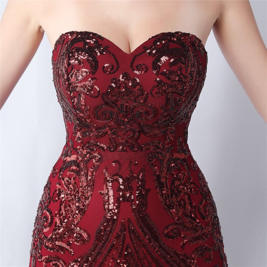 Strapless Sequins Frills Evening Gown (Maroon) (Made To Order)