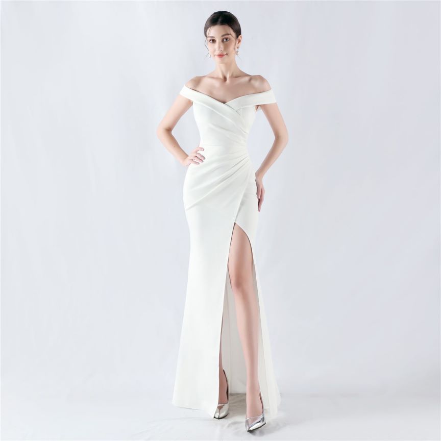 Pleated Off Shoulder Slim Evening Dress (White) (Made To Order)