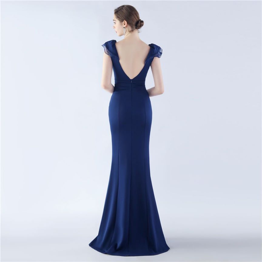 Ruffles Shoulder With Low Back Fitted Evening Gown (Navy Blue) (Made To Order)