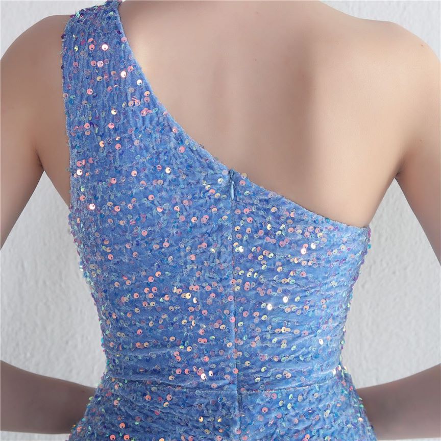 One Side Shoulder Sequins with Overlap Slit Evening Gowns (Sky Blue) (Made To Order)
