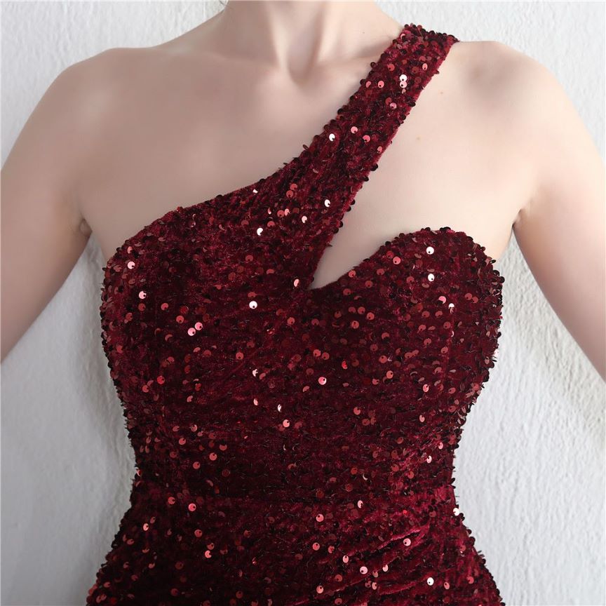 One Side Shoulder Sequins with Overlap Slit Evening Gowns (Burgundy) (Made To Order)