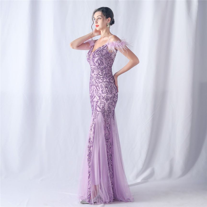Cold Shoulder Feather Sequins Evening Gown (Purple) (Made To Order)