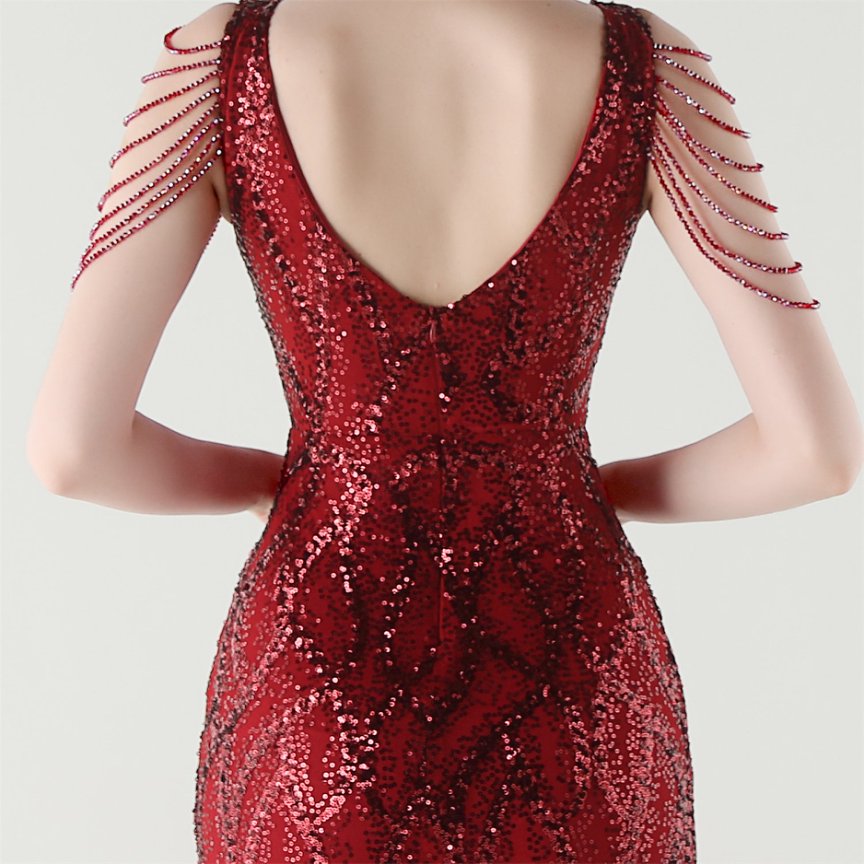 Fashion Crystal Beads with Splits Tail Evening Gown (Red) (Made To Order)