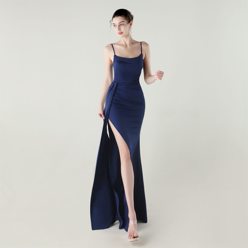 Spaghetti Pleated Waist Evening Gown (Navy Blue) (Made To Order)