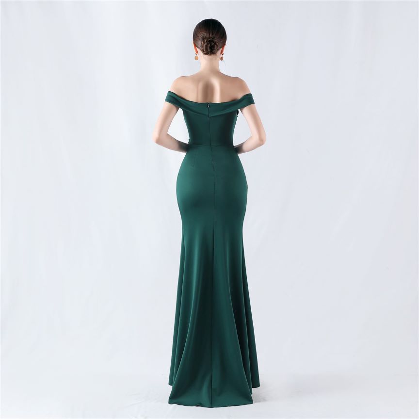 Pleated Off Shoulder Slim Evening Dress (Green) (Made To Order)