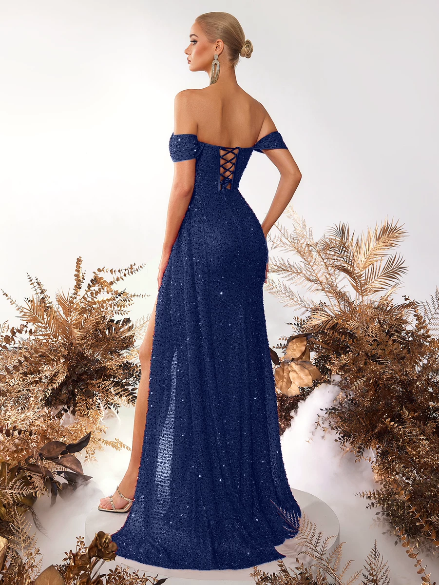 Off Shoulder Sequins with Slit Evening Gown (Navy Blue) (Retail)