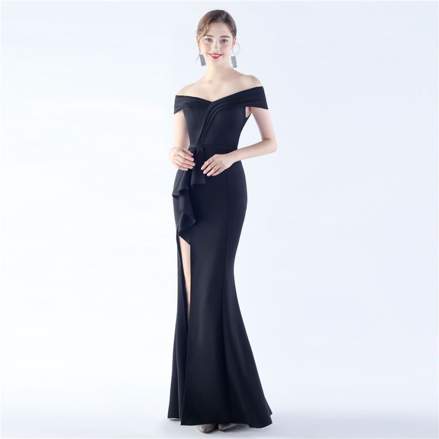 Off Shoulder Ruffles With Split Slit Evening Gown (Black) (Made To Order)