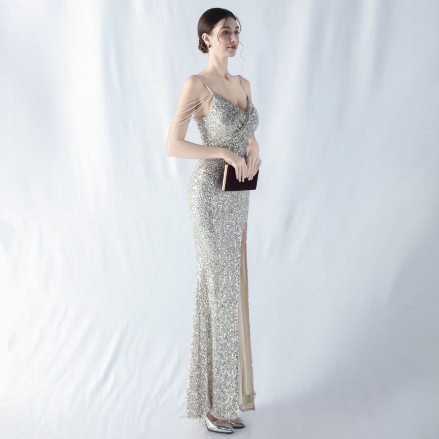 Spaghetti Padded Sequins Slit Gown (Silver) (Made To Order)