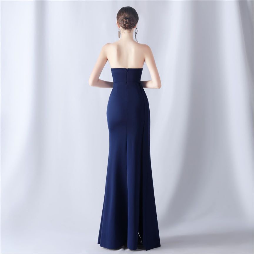 Strapless Sexy Corset With Side Split Evening Gown (Navy Blue) (Made To Order)