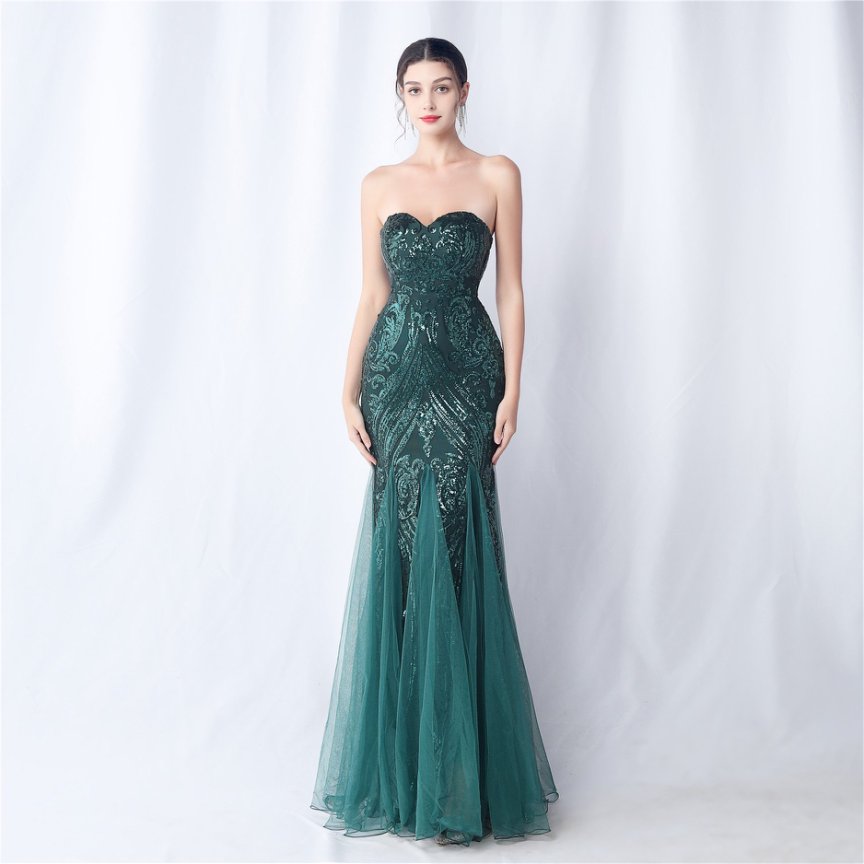 Strapless Sequins Frills Evening Gown (Green) (Made To Order)