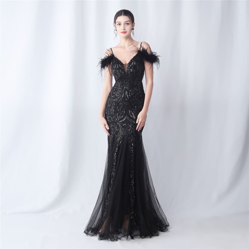 Cold Shoulder Feather Sequins Evening Gown (Black) (Made To Order)