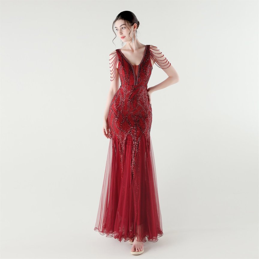 Fashion Crystal Beads with Splits Tail Evening Gown (Red) (Made To Order)