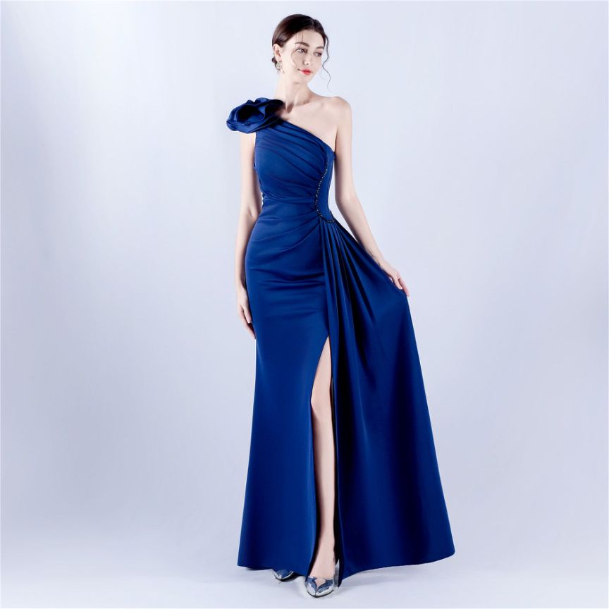 Gorgeous One Side Shoulder Evening Gown (Navy Blue) (Made To Order)