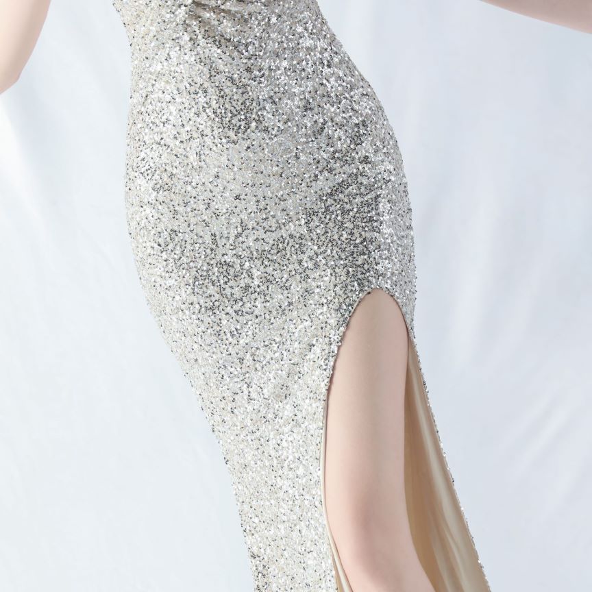 Spaghetti Padded Sequins Slit Gown (Silver) (Made To Order)