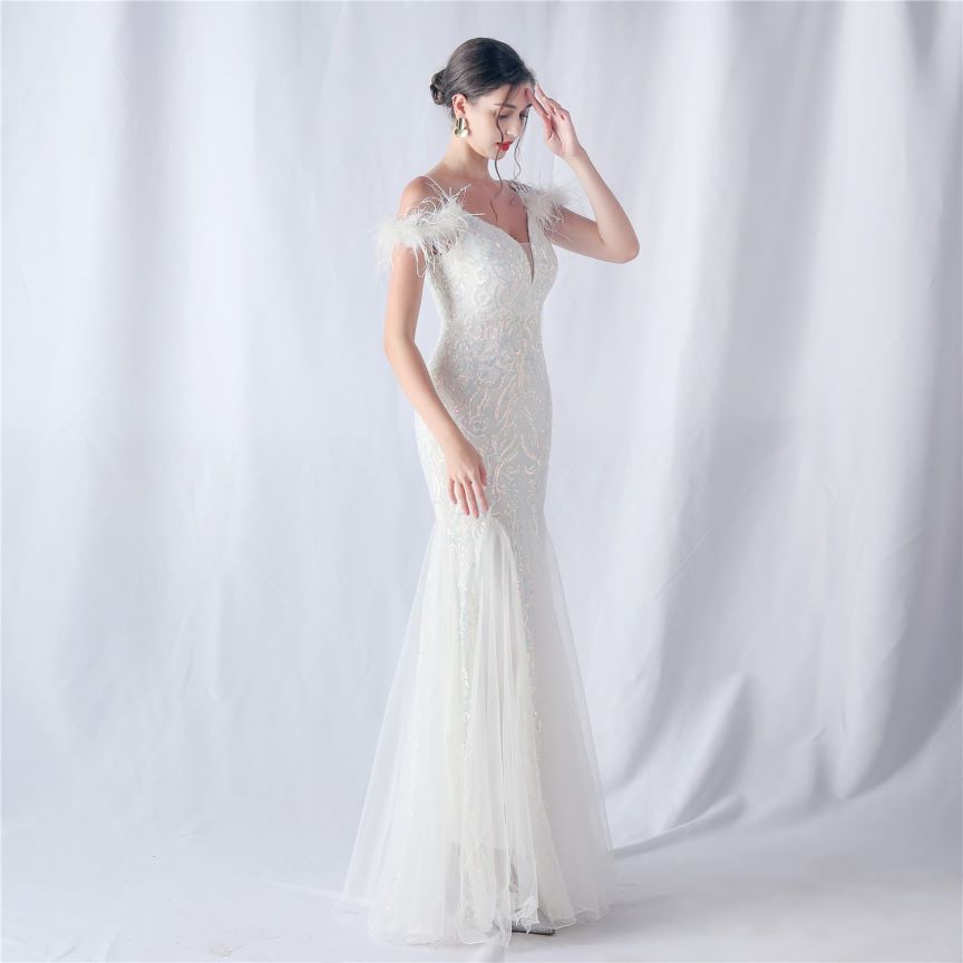 Cold Shoulder Feather Sequins Evening Gown (White) (Made To Order)