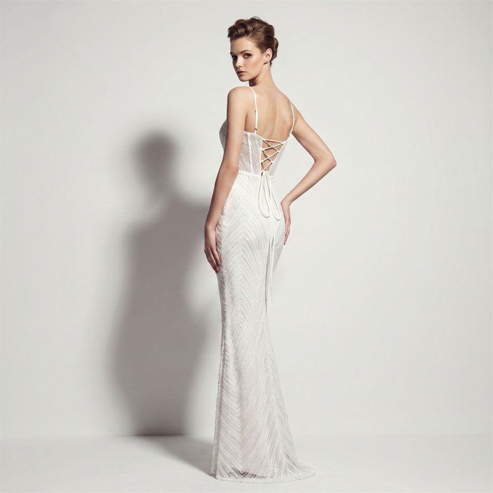 Deep V-Neck Sequin Evening Dress (White) (Made To Order)