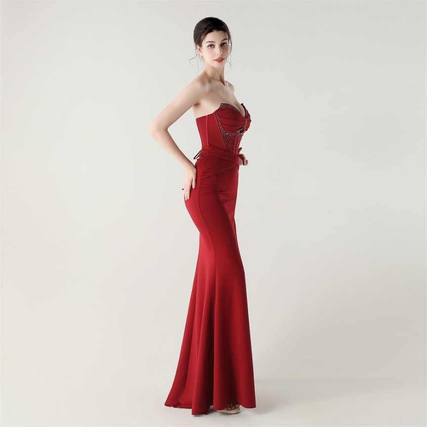 Strapless Rhine Stones Pleated Corset Evening Gown (Maroon) (Made To Order)