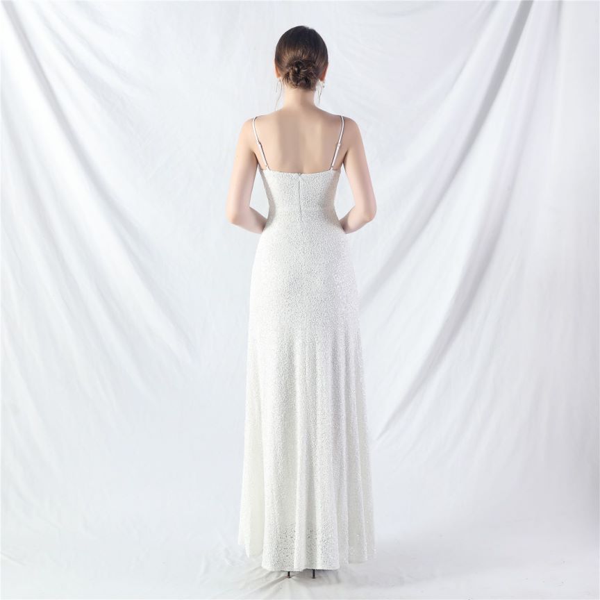 Elegant Stretch Spaghetti Sequins A-Line Evening Gown (White) (Made To Order)