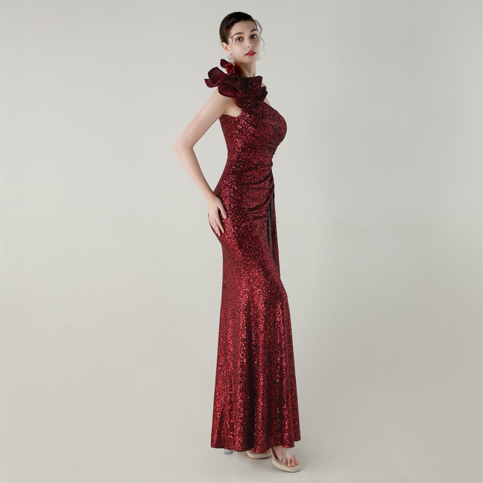 Gorgeous One Side Shoulder Pleated Sequins Evening Gown (Red) (Made To Order)