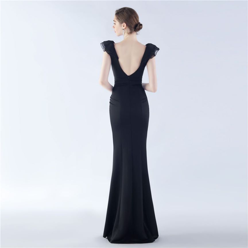 Ruffles Shoulder With Low Back Fitted Evening Gown (Black) (Made To Order)