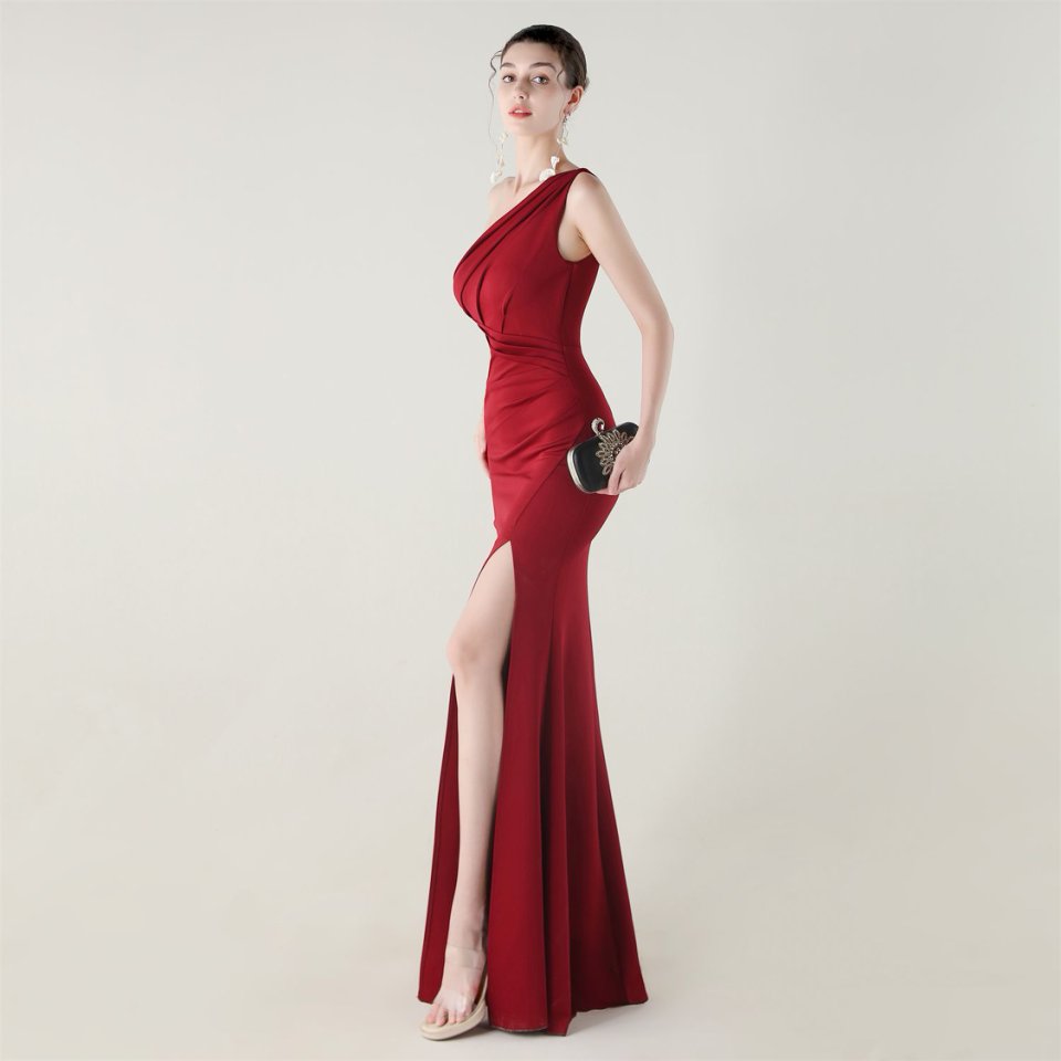 One Side Shoulder Pleated Evening Gown (Maroon) (Made To Order)
